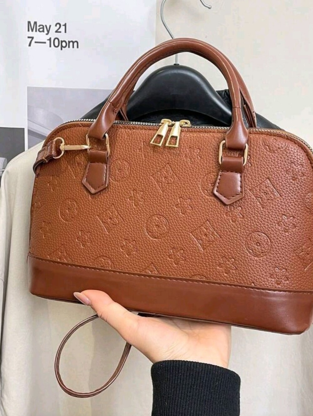 Brown Embossed Leather Top-Handle Bag